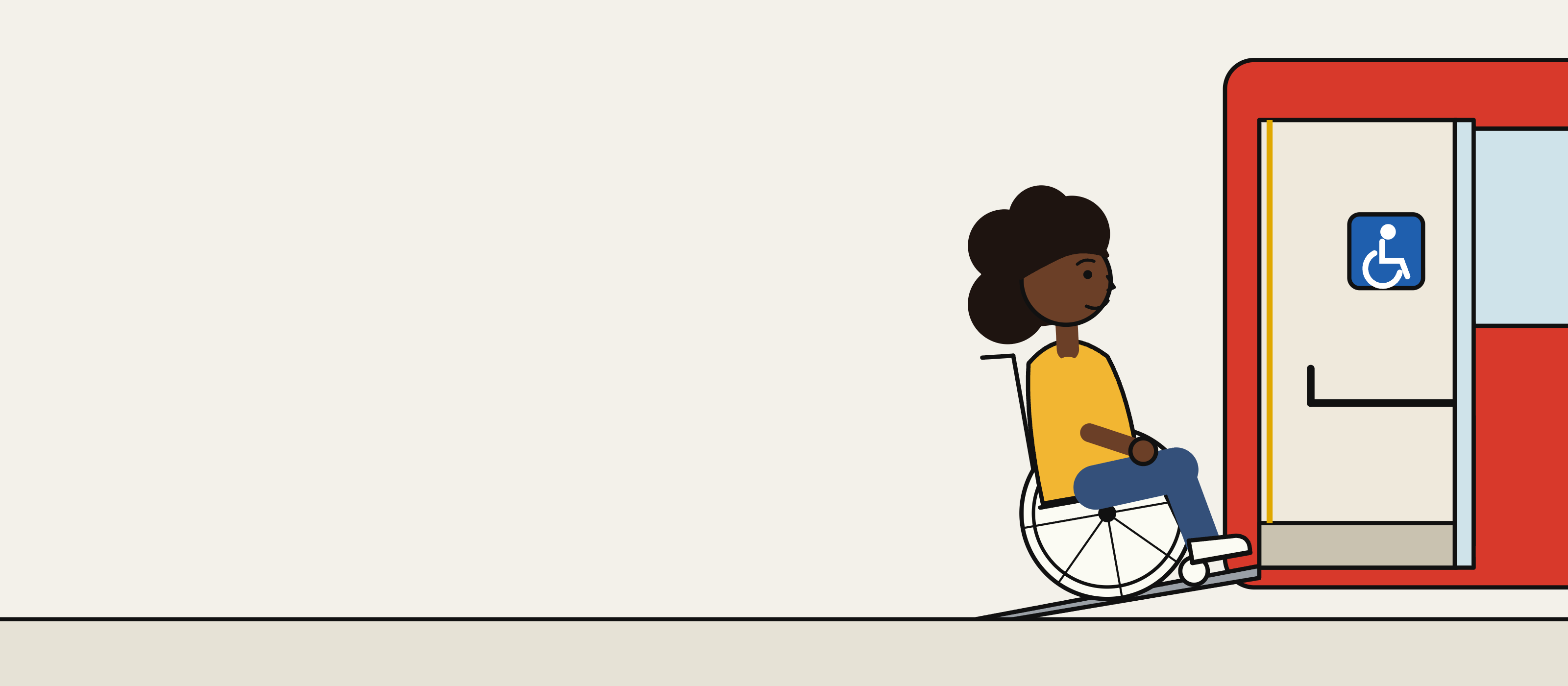 Illustration: a young woman in a wheelchair going up the ramp of a city bus, with the reserved space free.