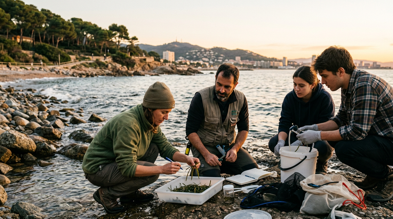 Volunteers and a marine biologist examining seagrass samples on the Barcelona coastline